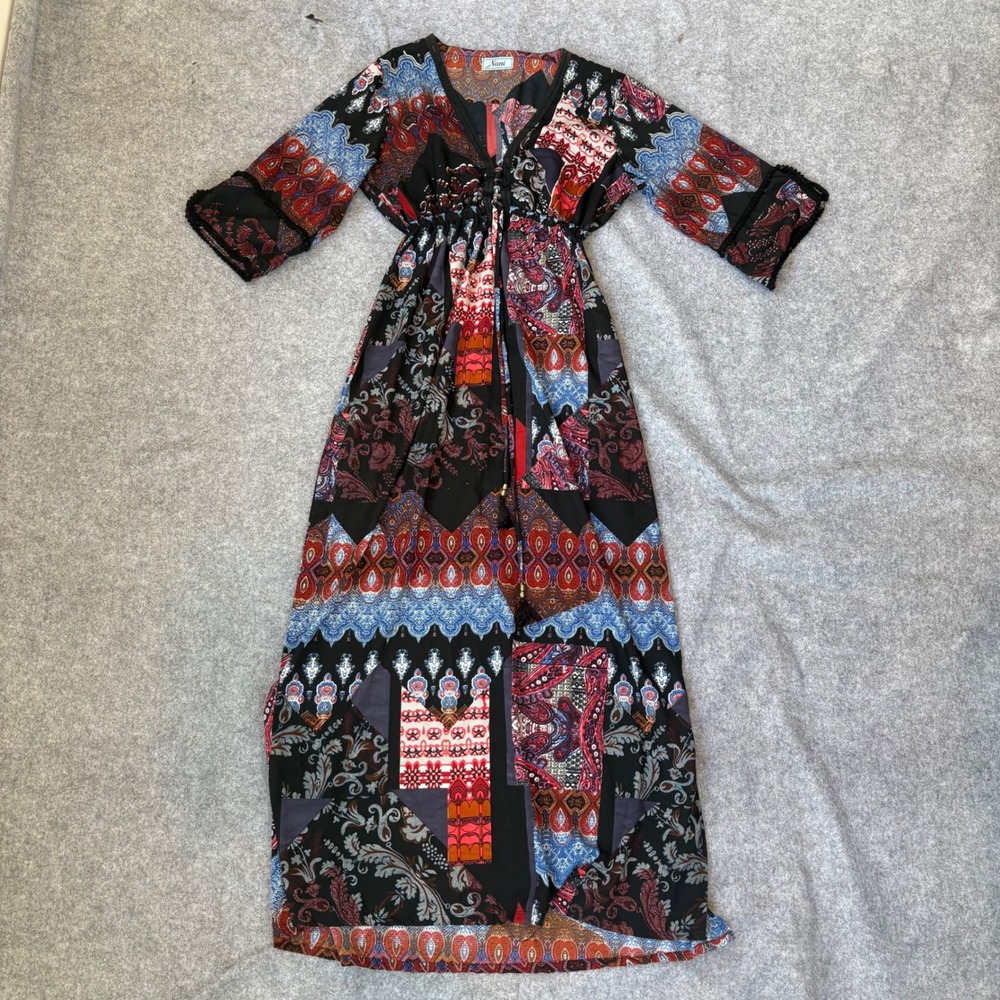 Nani Women Patchwork Paisley Boho Maxi Dress V-Neck Elastic Waist Red Blue Black